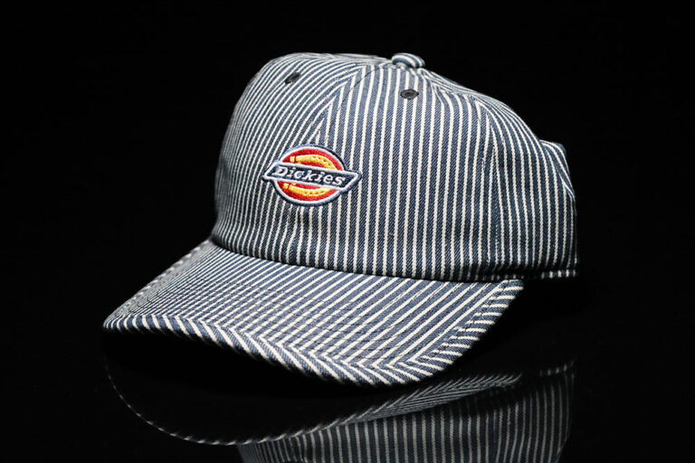 Dickies hickory stripe strapback cap, side profile with curved brim