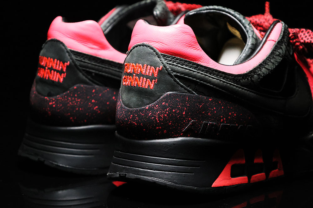 Runnin Gunnin heel branding on the Nike Air Stab, infrared and black