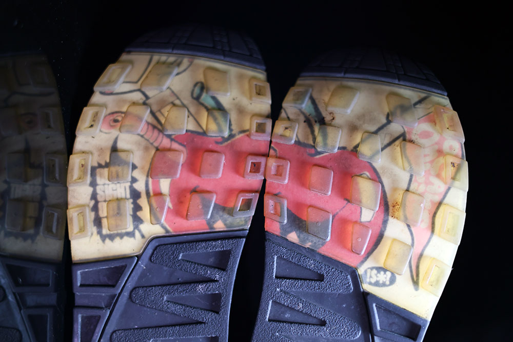 Elephant print translucent outsoles on the Nike Air Stab, aged amber