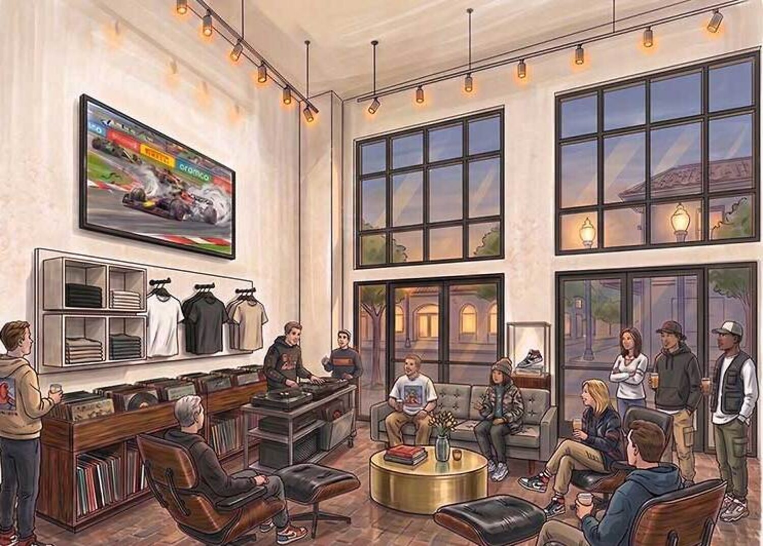 Concept illustration of the Pursuit Alvarado lounge during an F1 viewing party